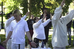 Left to right, Ben Sebastian, Nathan Burnett, Sevi Nefolaidd and Julian Hill perform the Harvest Ritual on Ohio State´s South Oval yesterday.